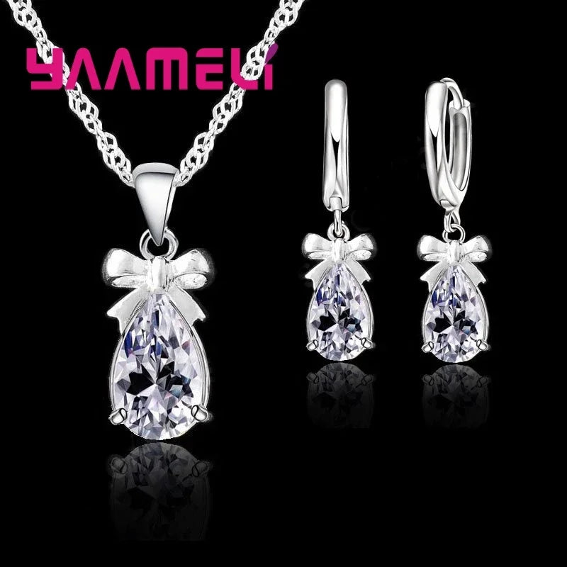 Conjunto de joyas de plata de ley 925 para mujer con pendientes de collar con colgantes de cristal austriaco en forma de gota de agua, regalo para compromiso o boda