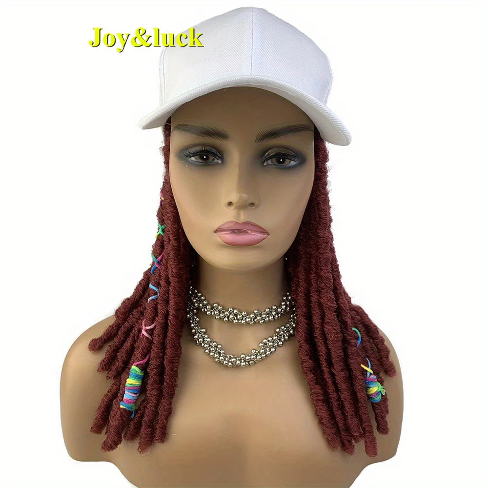 18 Inch Burgundy Baseball Cap Wig with Crochet Twist Braids | Synthetic Faux Locs Dreadlocks Braided Hat Wig for Women
