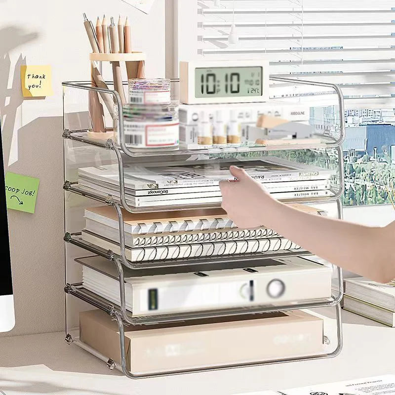 Desktop File Organizer Stackable Storage Tray Clear Paper Rack Stationery Box Home Office Magazine Book Shelf Transparent Holder