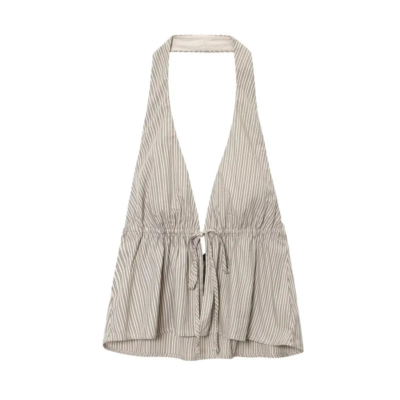 Women's Tops New Summer Gray Striped Halterneck Halter Neck Camisole Top Sexy V-Neck Design Casual Fashion Personality
