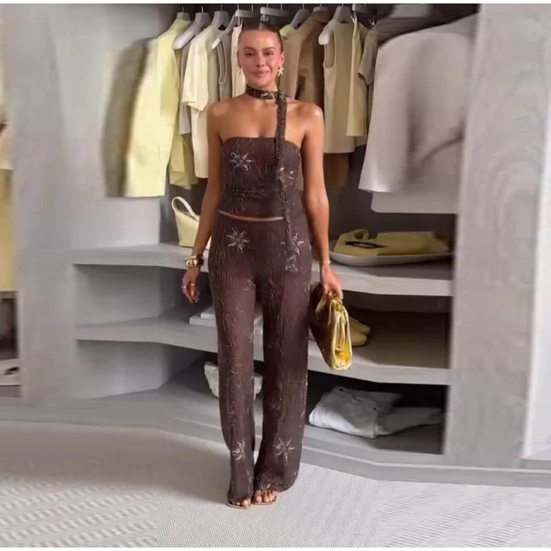 Chic Beaded Women's Top Pant Set Sexy Slim Halter Sleeveless Crop Tops See Through Elastic Waist Wide Leg Pants Summer Outfits