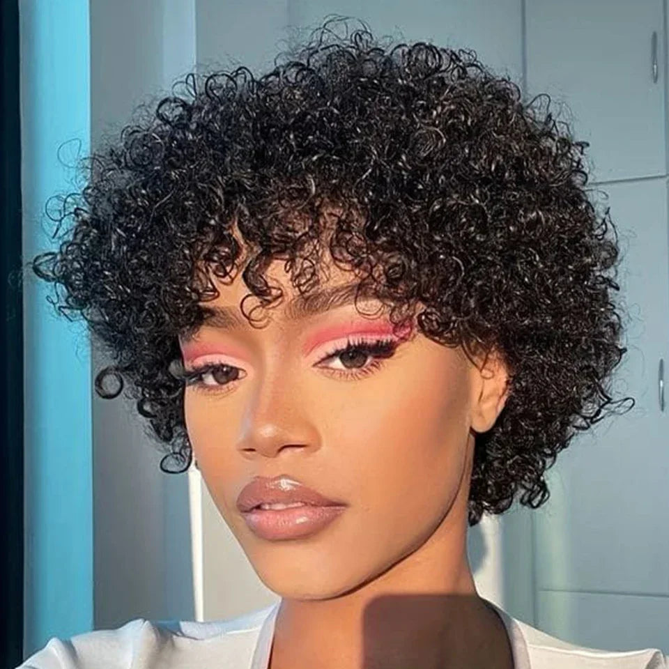 Brazilian Afro Puff Pixie Bob Wig 99J Natural Brown Full Machine Made Pre-Plucked Bangs 100% Human Hair For Black Women