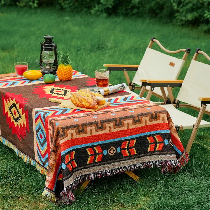 Mantel rectangular colorido estilo bohemio de tela de algodón y lino, mantel de decoración para camping al aire libre con diseño geométrico simple