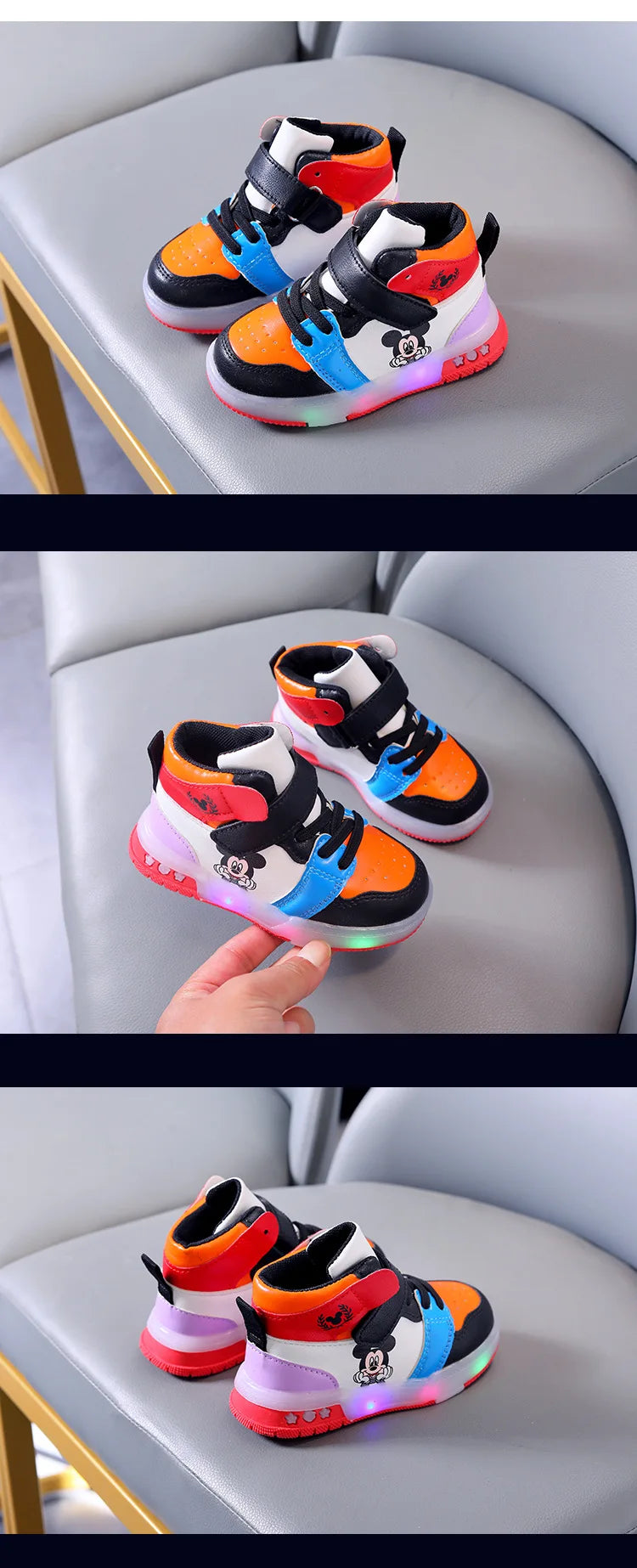 Disney Girls' Causla Shoes PU Leather Mickey Mouse LED Luminescent Children's Sneaker 1-6 Year Old Boys' Sports Casual Shoes