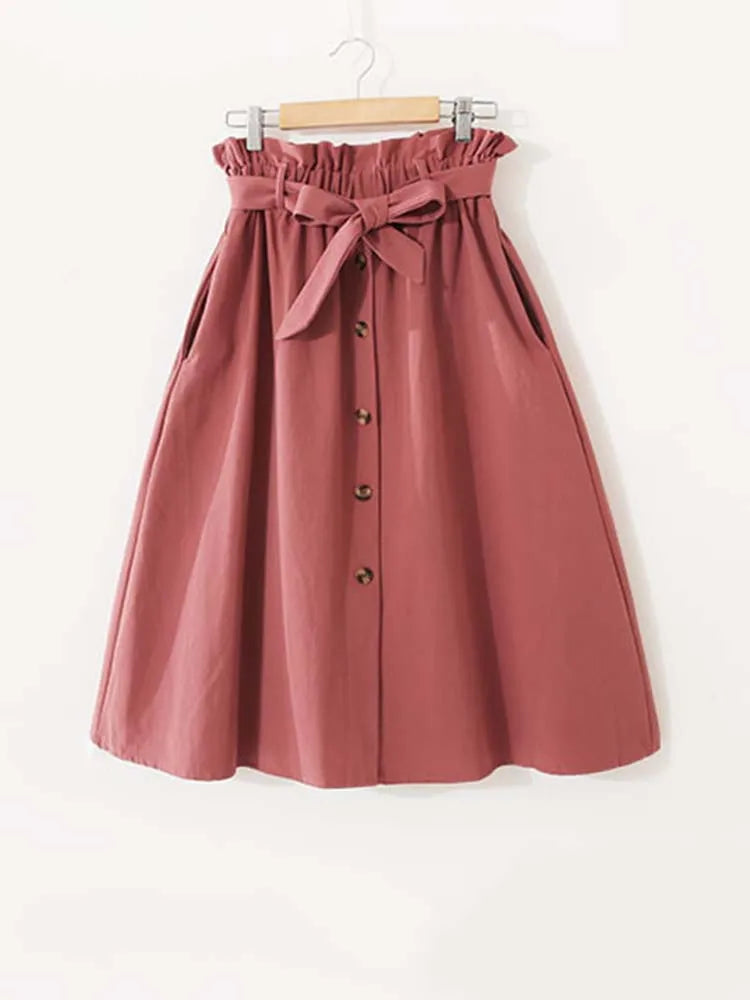 Women Summer Midi Skirt Girls Elegant Solid High Waist Spring Casual Single-Breasted Sashes Office Ladies A-Line Cotton Skirt