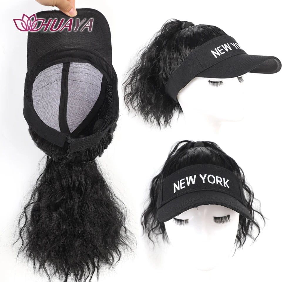 Extensiones de cabello sintético para mujer, rizadas, coleta, pelucas, sombrero, cubierta de cabeza conectada, gorra con visera, peluca para mujer, uso primavera-verano