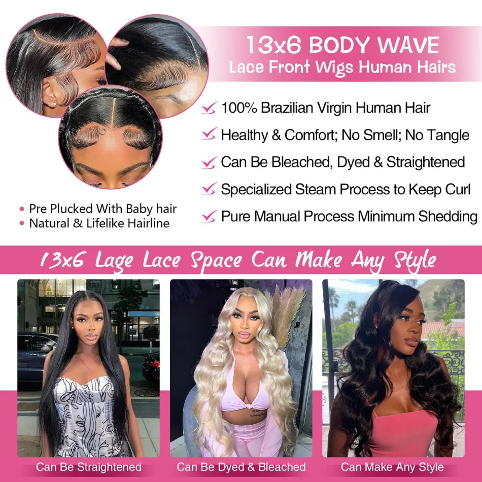 250 Density Body Wave Human Hair Wigs 13X6 Hd Lace Frontal Wig Natural Black PrePlucked 30 40 Inch Brazilian Hair 100% For Women