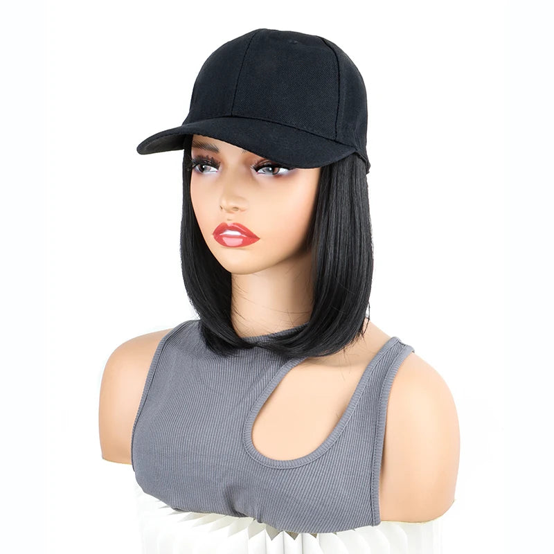 12Inch Synthetic Baseball Cap Hair Extensions Short Straight Bob Adjustable Hat Wig Easy Wear for Daily Party Women
