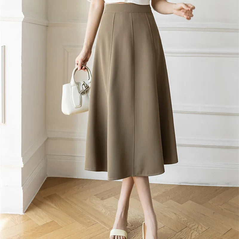Women's Skirt Spring Women High Waist Solid Vintage Girl's Waist Down Skirt Knee-length A-line Fashion Thin Skirt for Women
