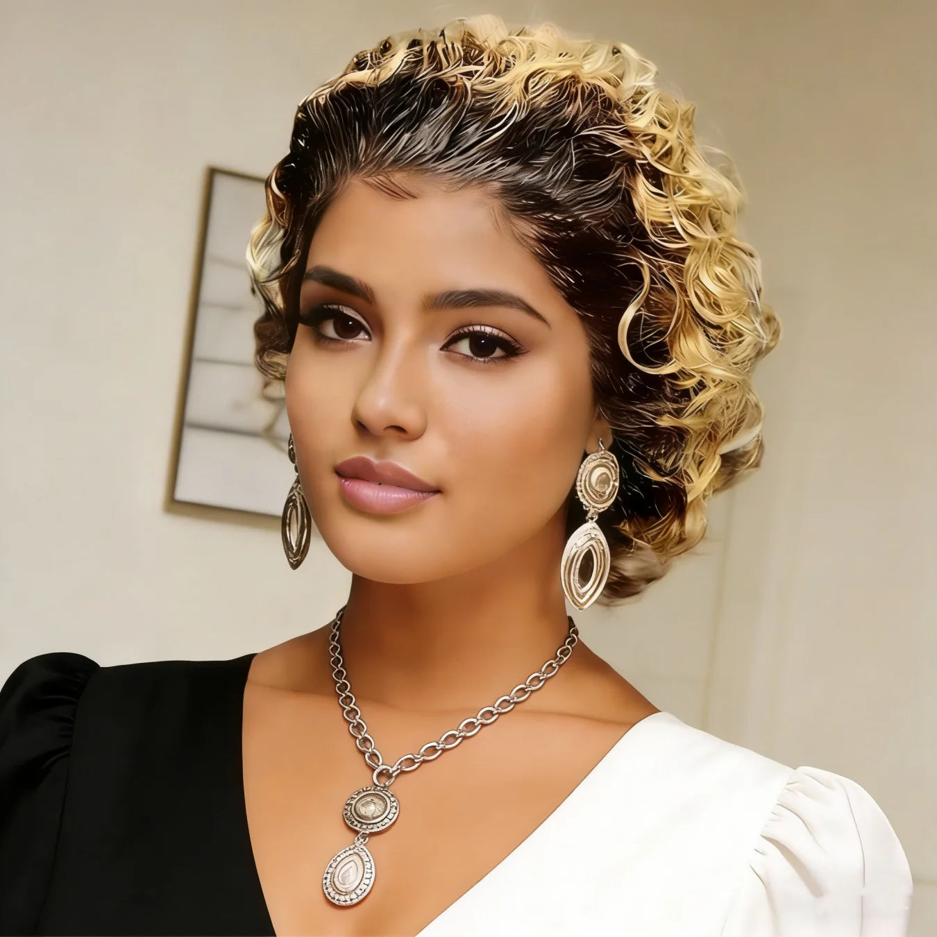 Pixie Cut Wigs Human Hair Ombre 1B/27 Short Curly 13x1 Transparent Lace Front Wigs Water Wave Bob Wig