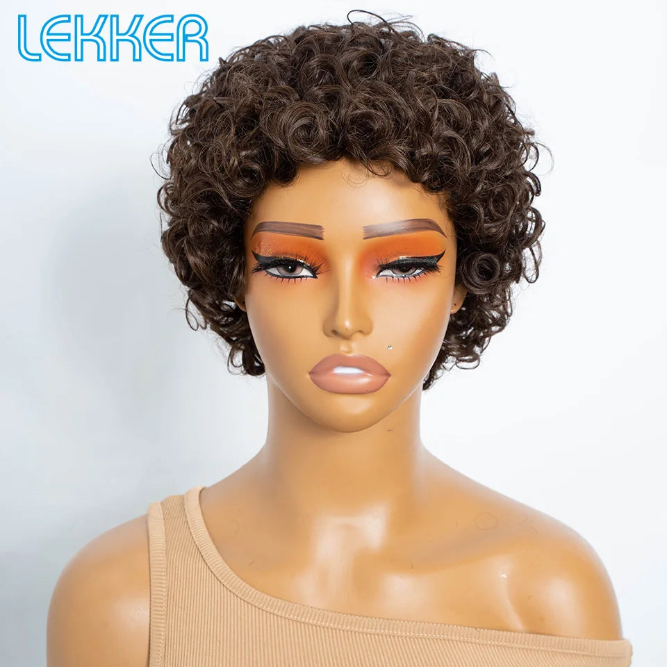 Lekker Clearance Black 100% Human Hair Wigs Short Pixie Cut Afro Curly Bob For Women Brazilian Remy Hair Full Machine Made Wigs