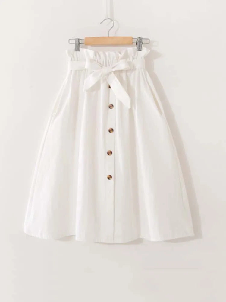 Women Summer Midi Skirt Girls Elegant Solid High Waist Spring Casual Single-Breasted Sashes Office Ladies A-Line Cotton Skirt