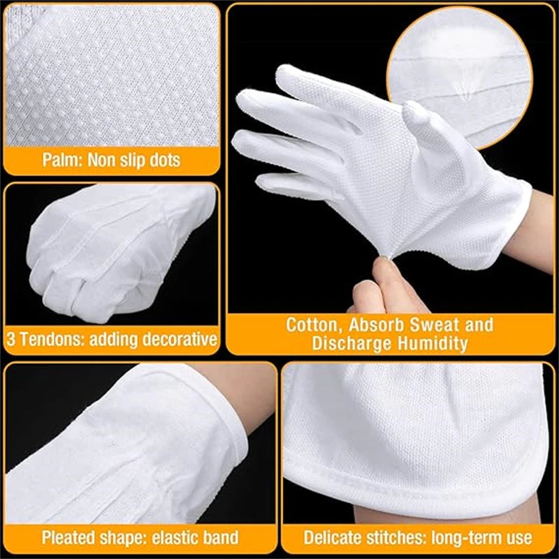 2/5Pairs White Work Gloves for Men Women Non Slip Dots Gloves Cotton Gloves for Costume Guard Tuxedo Formal Jewelry Inspection
