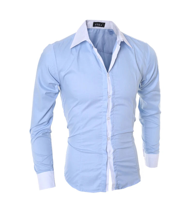 Men Long Sleeve Shirt Spring Striped Shirts Slim Fit Male Casual Social Patchwork Shirt Turn-down Collar Camisa Masculina