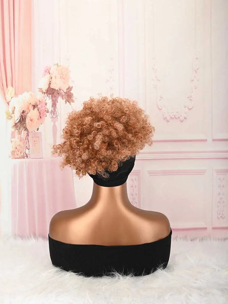Headband Wig Curly Headband Wig With Bangs For Women Synthetic Afro Curly Hair Wig With Headband Attached Short Kinky Curly Afro High Puff With Bangs Stripes Short Red Curly Wigs with Bangs for Women, Natural Wavy Synthetic H