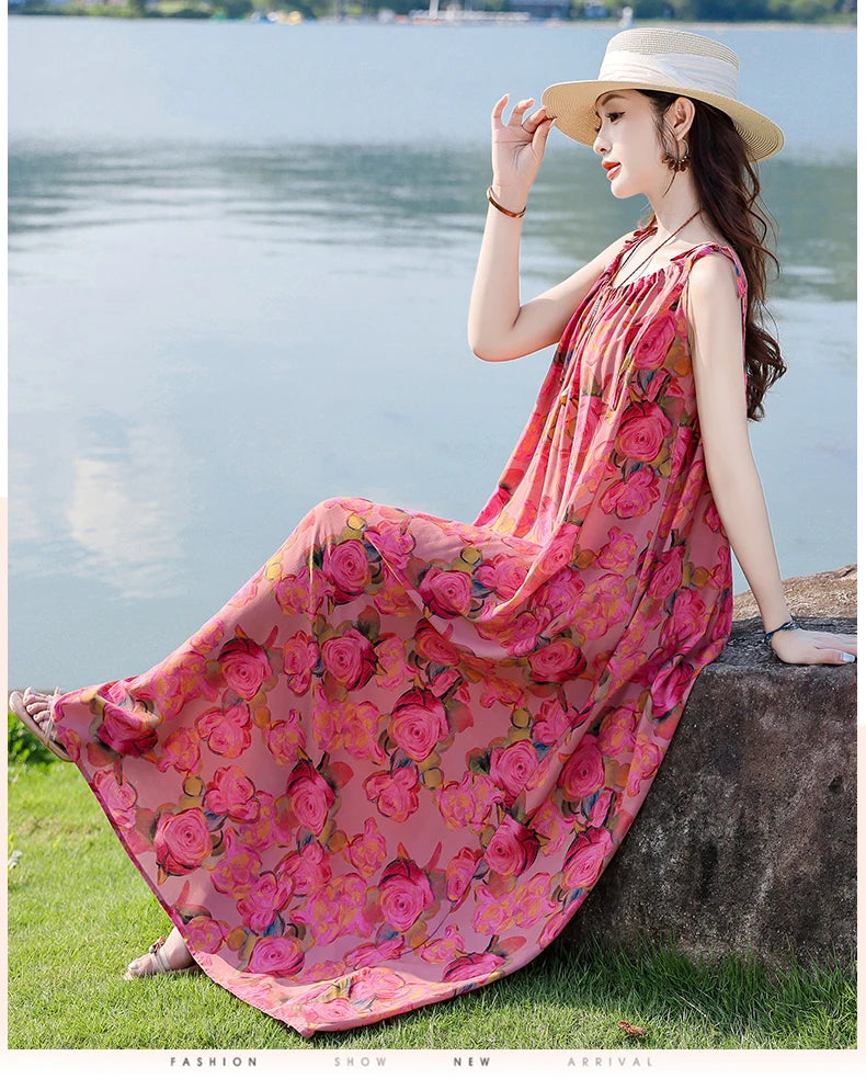New Fashion Hot Summer Dresses For Women  Casual Flower Print Floral Sleeveless Dress Vintage Dress Loose Women Clothing