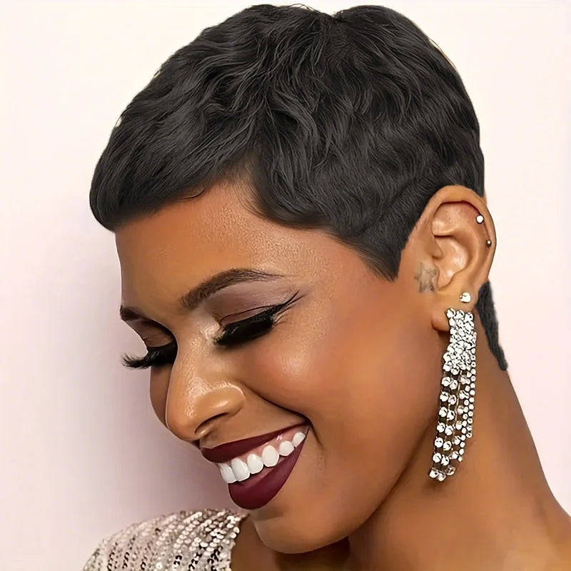 Elegante peluca de cabello humano Pixie Cut, cabello humano para mujeres, corte de pelo corto rizado hecho a máquina, línea de cabello natural, uso diario