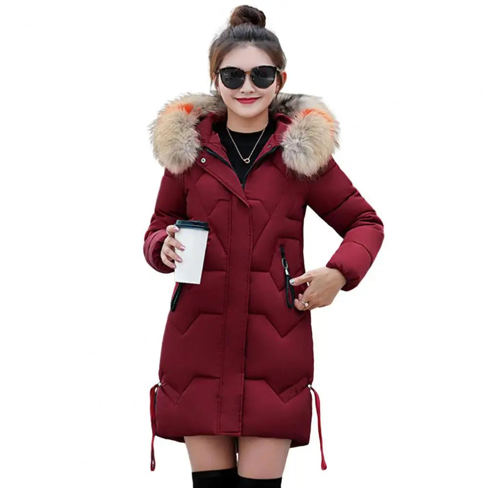 Hooded Cotton Jacket Stylish Winter Women's Cotton Jacket with Furry Hood Neck Protection Mid Length Zipper for Windproof