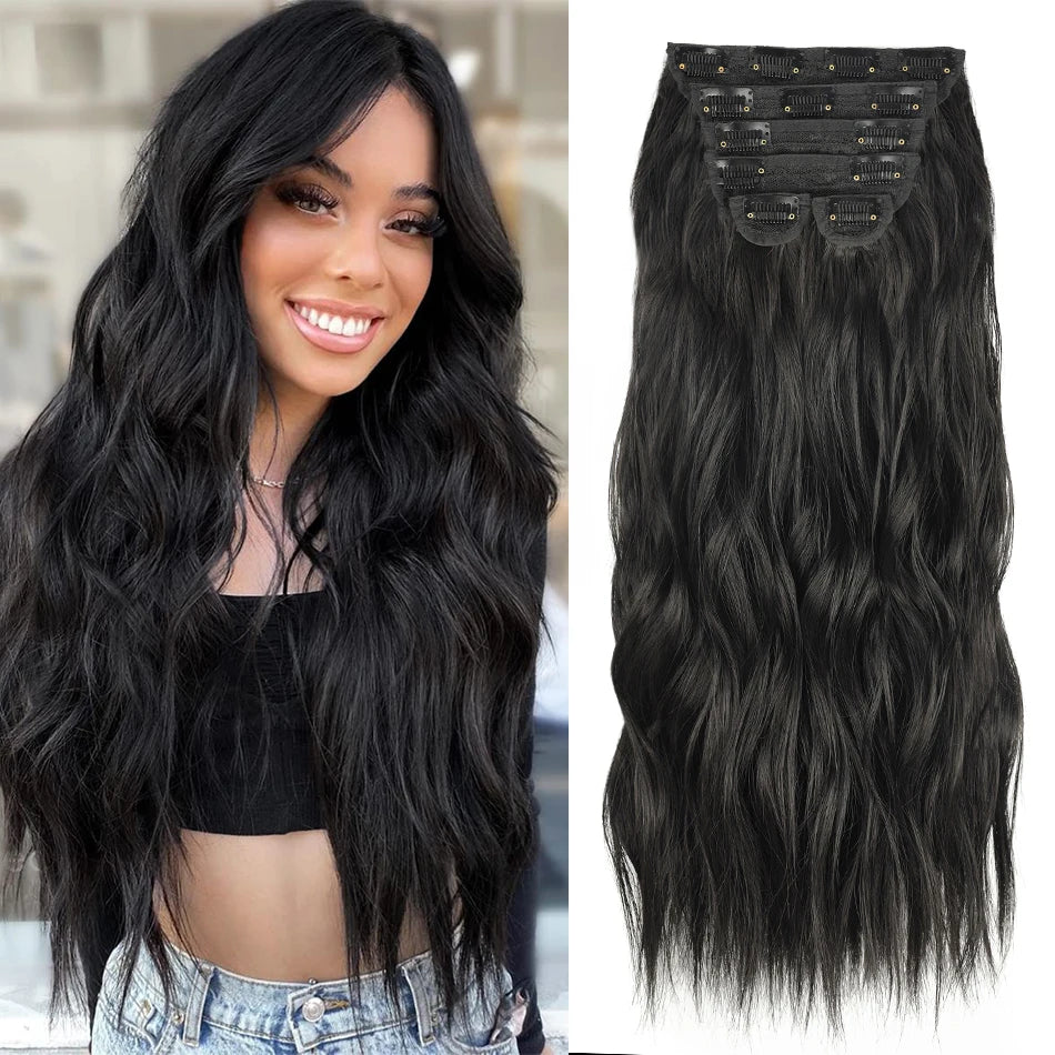 Extensions Long Synthetic Clip In Hair Wavy Clip In Hair Extensions 6Pcs/Set Piece Synthetic Ombre Blonde Brown Thick Hairpieces