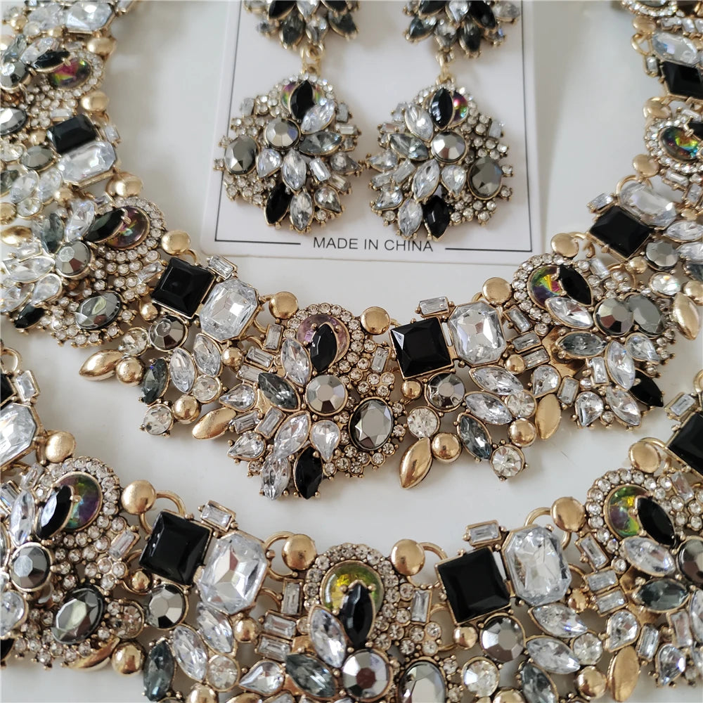 New Luxury Crystal Rhinestone Jewelry Sets Necklace Bracelets Earrings Set Women Indian Wedding Bridal Statement Jewelry