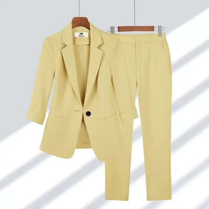 Trajes de pantalón y blazer para mujer, un botón, solapa, cárdigan, manga larga, bolsillos, oficina, estilo casual, pantalones lápiz sólidos