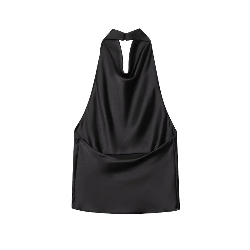 MUJER Halter Tops for Women Black Satin Backless Top Female Pink Summer Beach Top Woman off Shoulder Camisole Top Women
