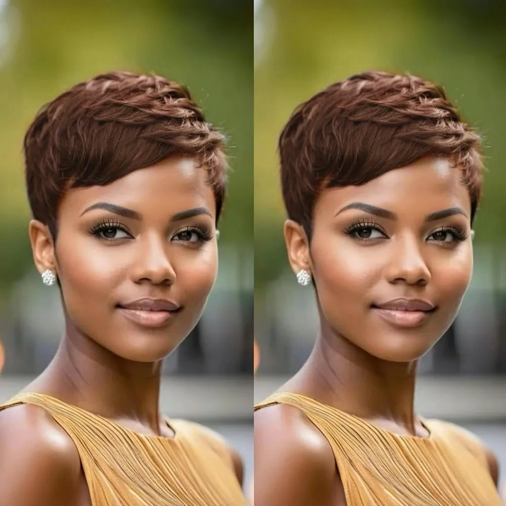 brown back burgundy pixie cut human hair wig short straight layered 4inch machine made 150% density  human hair wig