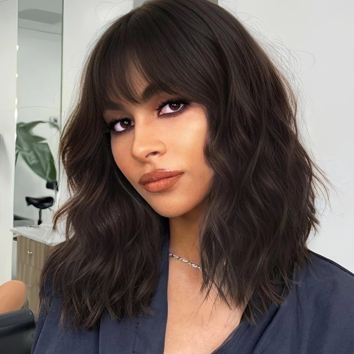 Natural Brown Synthetic Curly Wavy Bob Wig with Bangs for Women