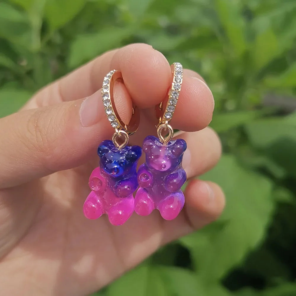 Pendientes colgantes de oso de gominola de acrílico bonitos para mujer, pendientes de aro de oso arcoíris CZ, joyería dulce de niña, moda coreana 2022
