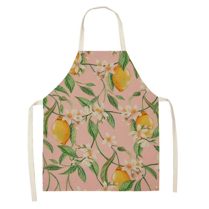 Delantal de cocina para mujer, para cocinar, limpieza del hogar, algodón, lino, estampado de frutas y limón, diseño característico