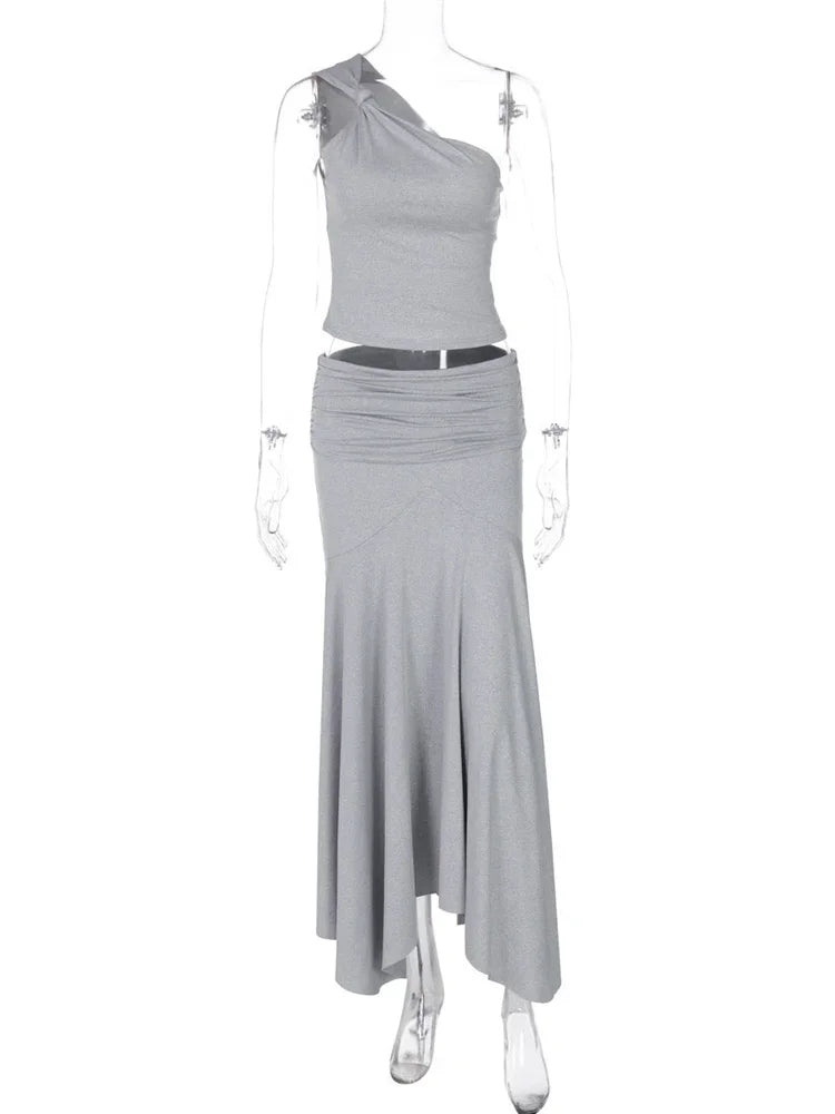 Fashion Pleated 2 Piece-Set Long Skirt For Women Off-Shoulder Cropped Pullover Top And Slim Long Skirt Sets Female Outfits