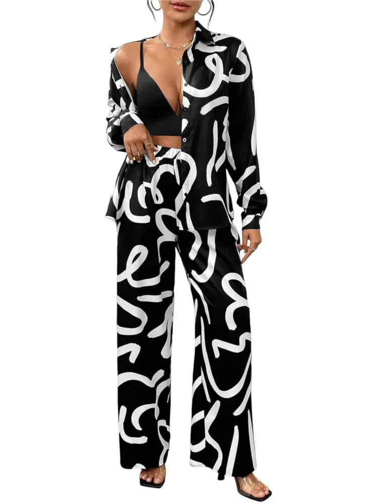 Women Clothing  Autumn New Fashion Print Set Casual Button Collar Shirt Long Sleeved Wide Leg Pants Long Pants Two-piece Set
