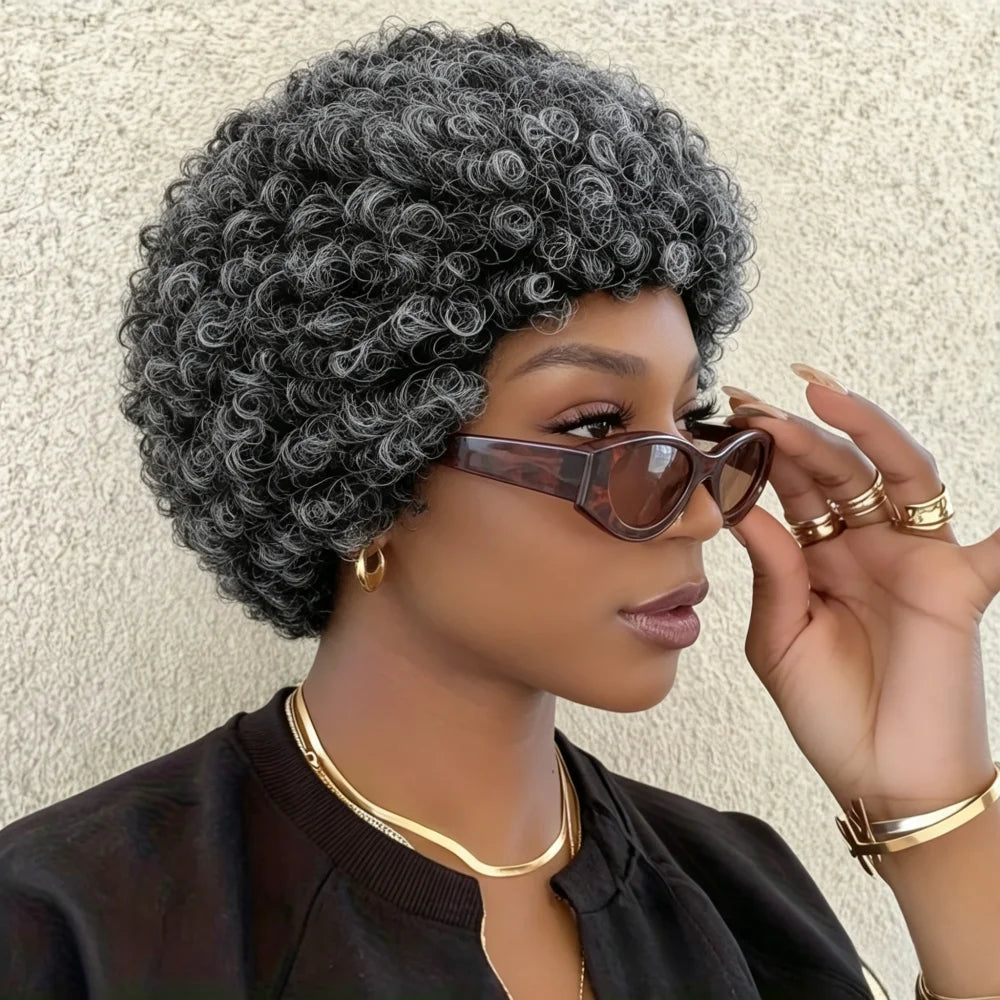 Natural Salt and Pepper Gray Short Afro Kinky Curly Human Hair Wig, Full Machine Made Human Hair Wigs with Bangs,for Daily & Par