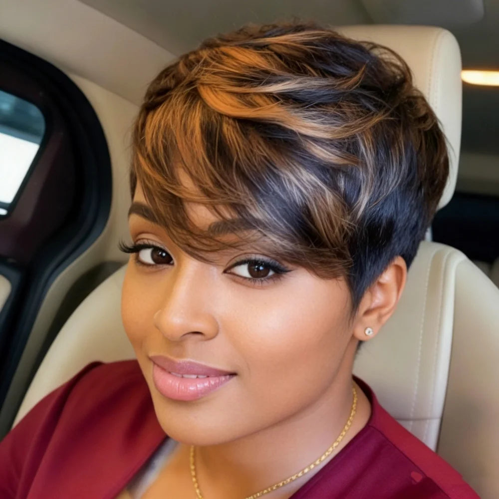 Straight Human Hair Wig Pixie Cut Human Hair Wig With Bangs Full Machine Made Wig Ombre Colored Wig