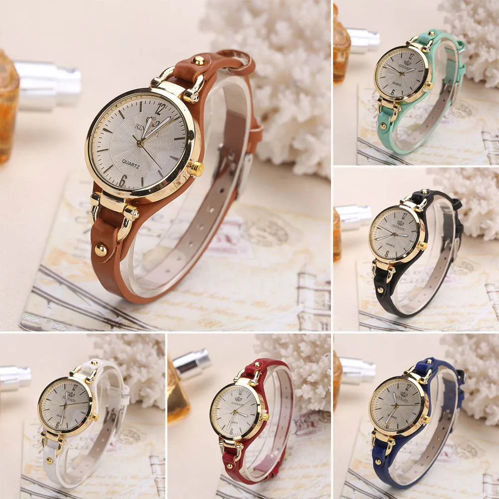 Fashion Women Casual Watches Round Dial Rivet PU Leather Strap Wristwatch Ladies Analog Quartz Watch Gifts Accessories