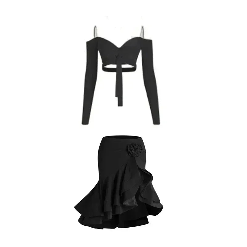 Sexy Off Shoulder Latin Top Ruffled Skirts Latin Dance Costume Stage Performance Clothes Samba Tango Dance Wear Set for Women