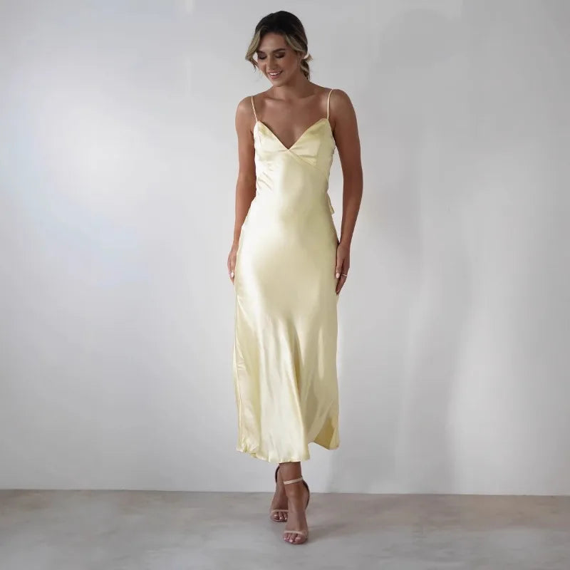 New Dresses  Woman Fashion Summer Women's Clothing Sexy Halter Satin Fashion Strappy Skirts