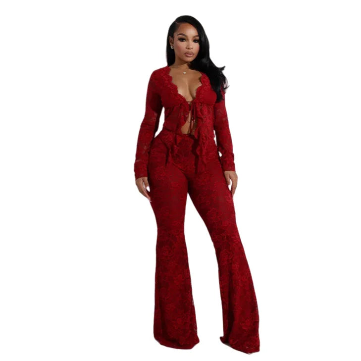 Pant Sets Women Two Pieces Cardigan Lace Sexy Tops Tracksuit Full Wide Leg Pants Loose Fit Casual Spliced High Waist Solid