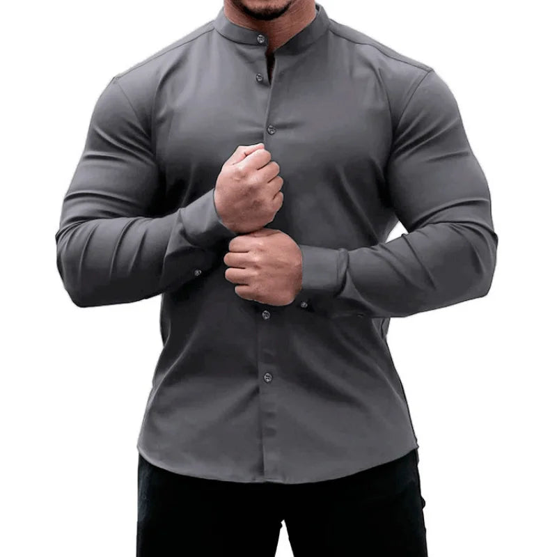 Men's  Casual Shirt Slim Fit Micro-elastic Long Sleeve Comfortable Versatile Stand Collar Tops Camisas  Men Dress Shirt