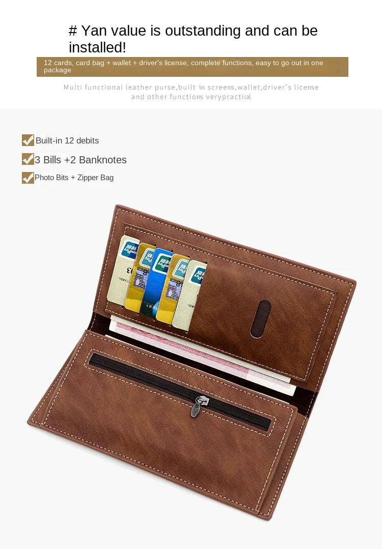 Fashion Business Retro Simple Men's Long Wallet Multi Card Holder Large Capacity Plus Wrap Long Wallet Daily Commuter Wallet