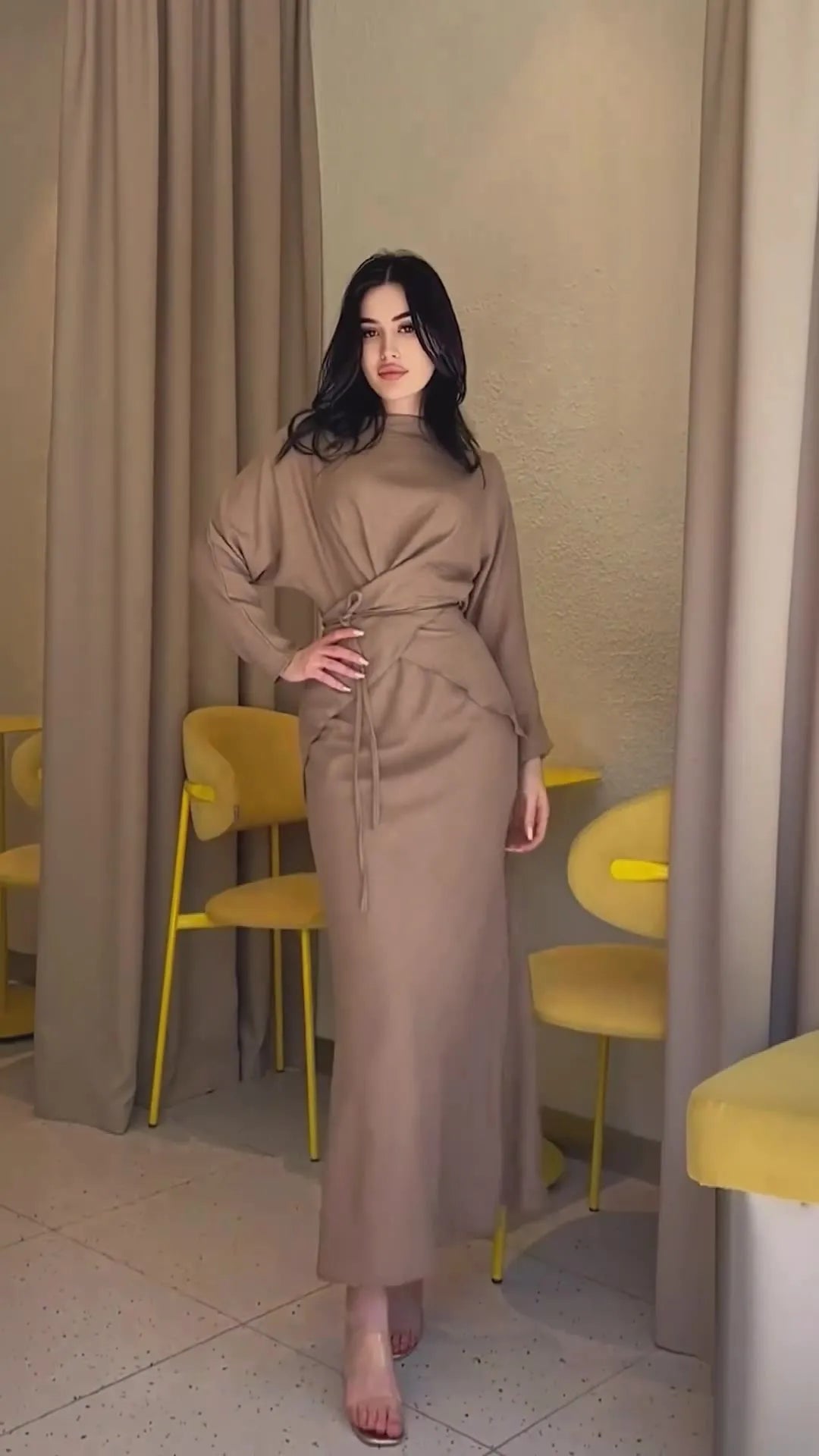 Elegant Loose Midi Skirt Sets Women Satin Cross Lace-Up Long Sleeve Top And Maxi Skirt Set Fall Clothes Chic Office Sets