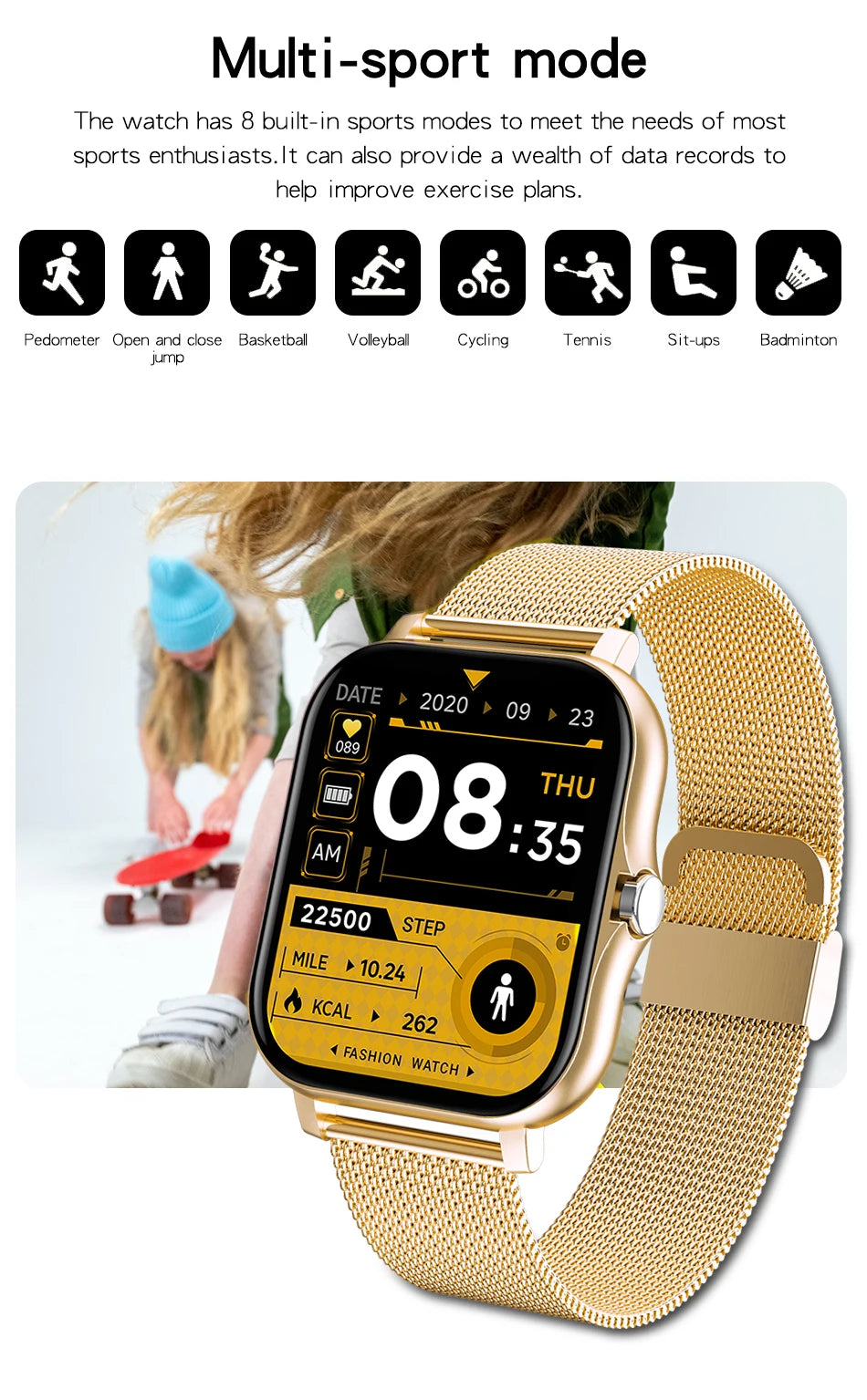 Smart Fitness Tracker Watch for Android/iOS - IP68, Heart Rate/Blood Oxygen/Sleep Monitoring, 8 Sports Modes, Breath Training
