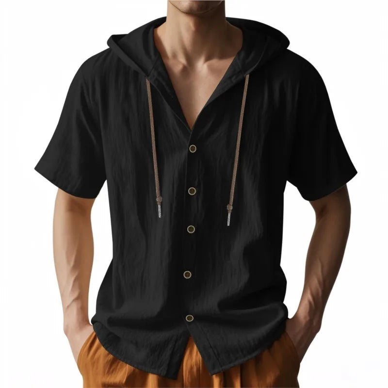 Men's Short Sleeve Shirt Cotton Linen Solid Color Shirts Men Hooded Casual Shirt Man Single Breasted Tops Men Breathable Shirt