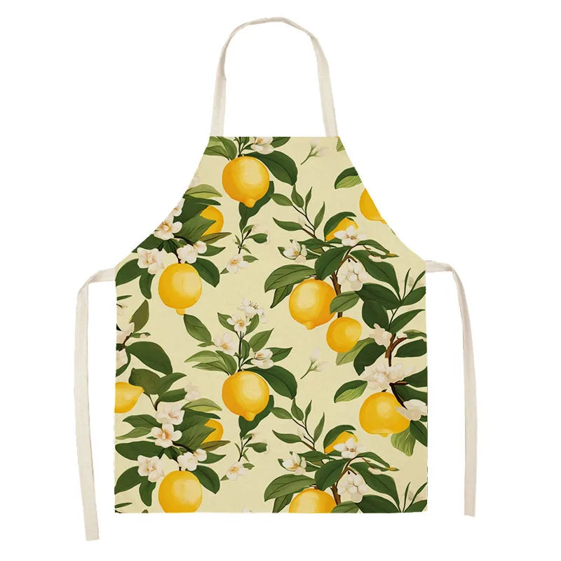 Delantal de cocina para mujer, para cocinar, limpieza del hogar, algodón, lino, estampado de frutas y limón, diseño característico