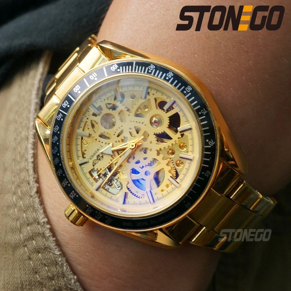 Women Automatic Mechanical Skeleton Watch Self-Winding Water Resistant Gold Plated Dress Wristwatch