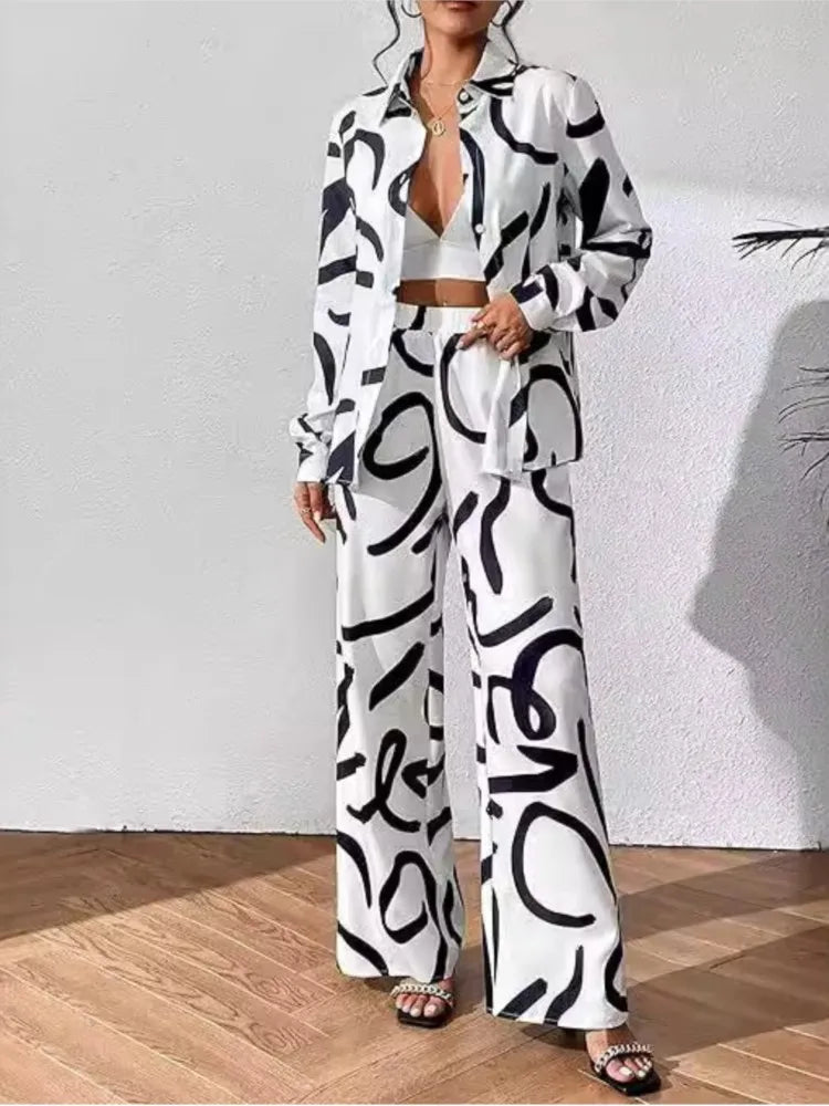 Women Clothing  Autumn New Fashion Print Set Casual Button Collar Shirt Long Sleeved Wide Leg Pants Long Pants Two-piece Set