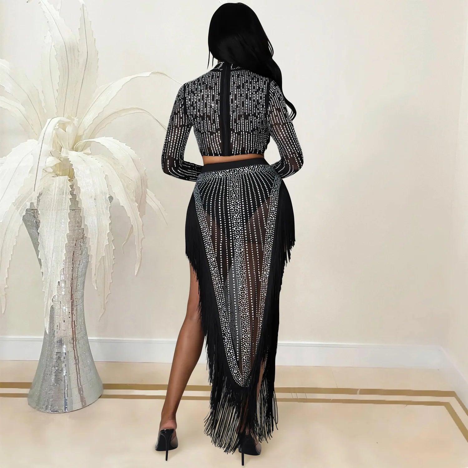 Skirt Set Women Two Piece Sets Dress Sets Mock Neck Matching Set Diamond Short Tops Party High Waist Long Skirts Sexy Hot Tassel