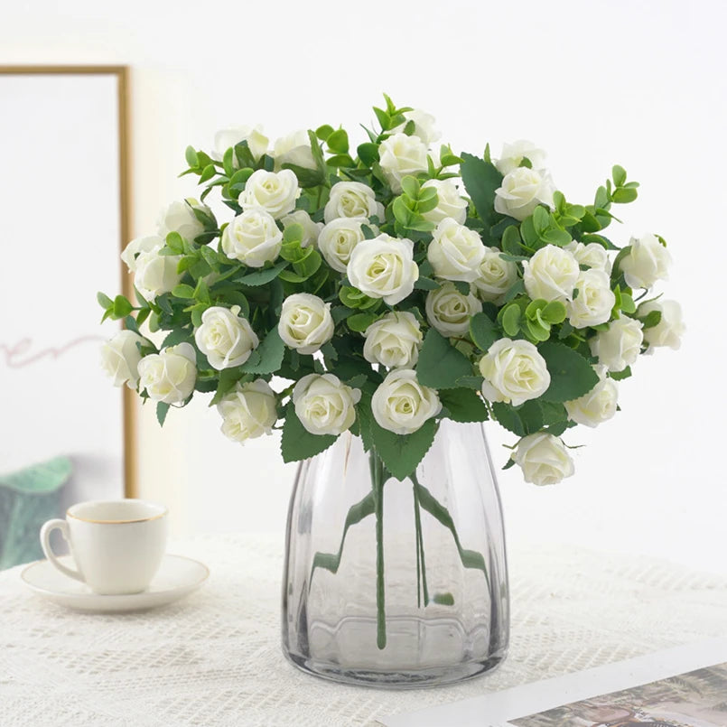 Artificial Flowers Vases Home Decor Outdoor Garden Festival Eucalyptus Leaves Fake Plants Wedding Party Silk Roses Bouquet Cheap