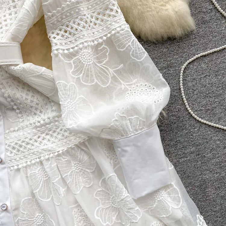 Luxury Women Lace Shirt dress White Black  New Vintage embroidery Lantern sleeve dresses with belt Sexy clothes INKEO 4D062