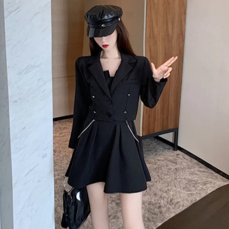 Women's Short 2 Sets Suits with Skirts and Blazer Summer Dress Outfits Two Piece Set for Woman Vintage Jacket Co Ord Korea